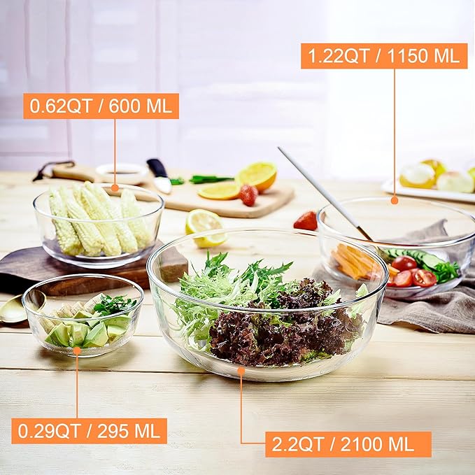 Glass Mixing Bowls Set of 4 - Stackable Kitchen Prepping, Baking, Cooking Prep, Serving Bowls - Dishwasher, Microwave and Freezer Safe (0.29QT, 0.62QT, 1.22QT, 2.2QT)