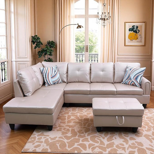 L-Shaped Sectional Sofa with Ottoman, Right-Facing Leather Modern Couch with Cup Holder for Living Room, Bedroom, Office, Persistent Pink