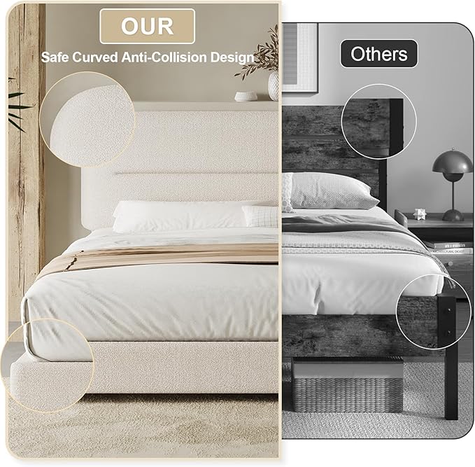 King Size Boucle Bed Frame, Upholstered Cloud Bed Frame with Headboard, Soft Platform Bed Frame with Thickened Footboard, Rounded Corners, No Box Spring Required, Easy Assembly, Cream