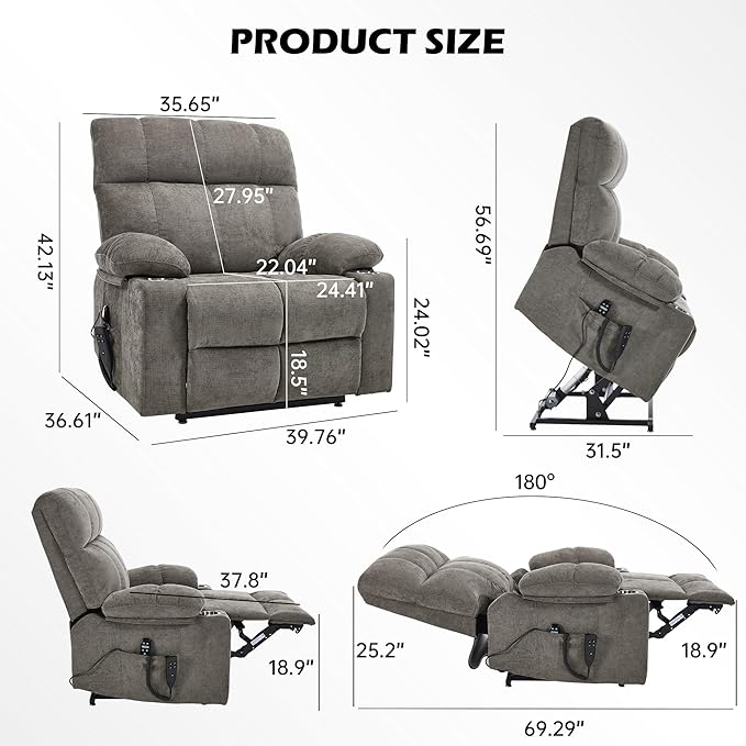 Oversized Recliner with Massage and Heating, Power Lift Chairs for Elderly, Extra Wide Recliner Chair for Living Room with Cup Holders, Dual Motor, Chenille Fabric - Brown