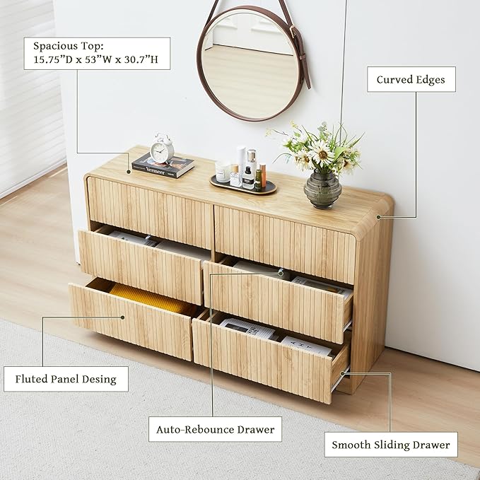 Fluted 6 Drawers Dresser for Bedroom, 53" Wide Mid Century Modern Chest of Drawer with Curved Profile Design, Large Double Wood Dresser for Living Room