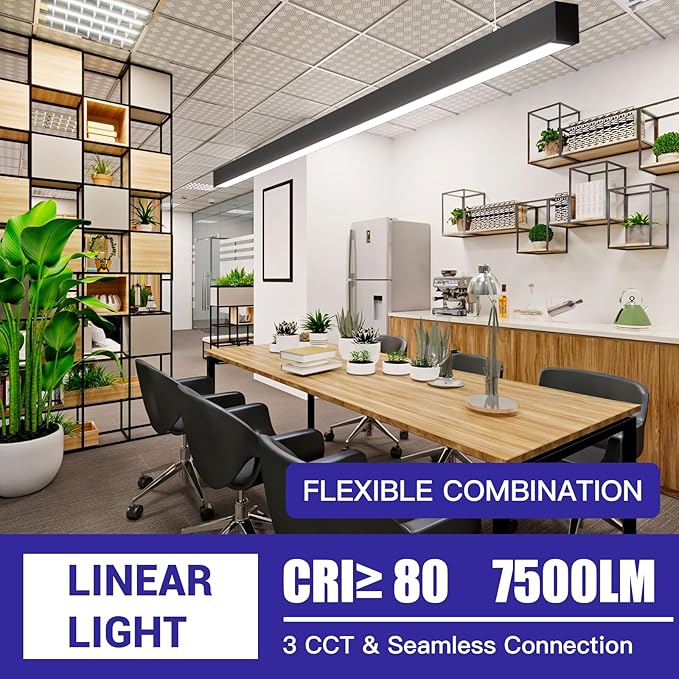 JTT 8FT LED Linear Light Fixture, 60W 3CCT 3000K/4000K/5000K CCT Selectable, Linkable Office Shop Light Fixture, ETL Listed Dimmable Architectural LED Suspension Office Lighting Fixture-4 Pack