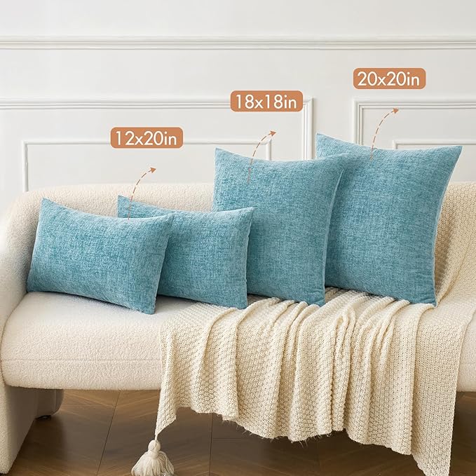 MIULEE Pack of 2 Couch Throw Pillow Covers 12x20 Inch Soft Smoke Blue Chenille Pillow Covers for Sofa Living Room Solid Dyed Pillow Cases