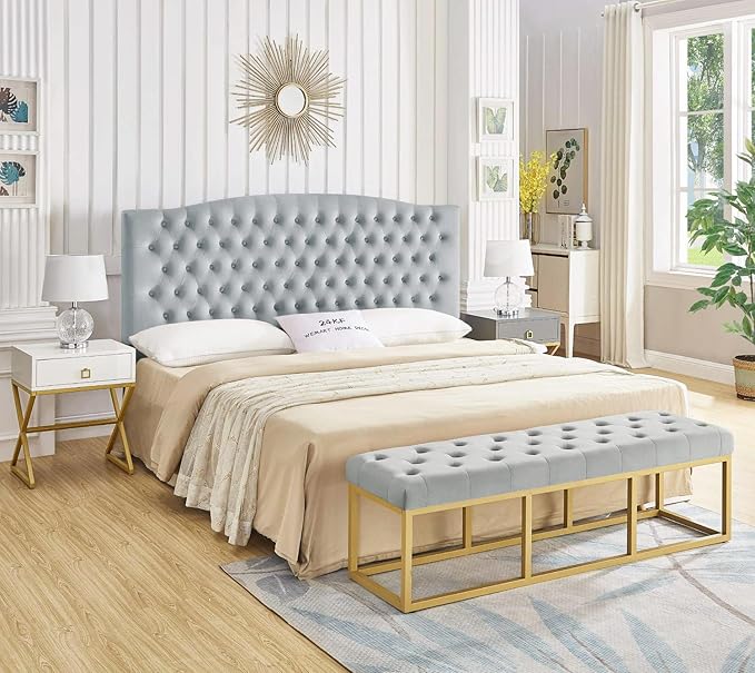 24KF Upholstered Tufted Button Velvet Headboard,Comfortable Fashional Headboard King/CA King Size,Gray