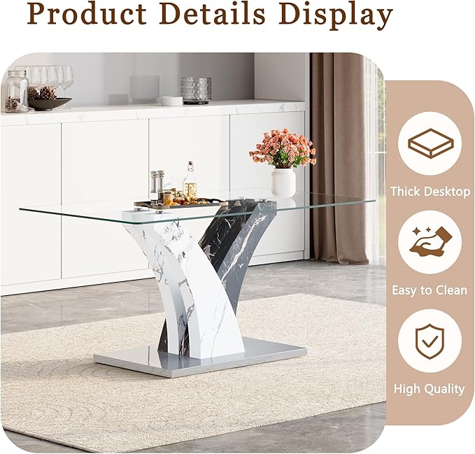 Glass Dining Table Set for 4, 63” Kitchen Table Set for 4, Modern Dining Room Table Set with Upholstered Chairs, Tempered Glass Tabletop with Y Shape Base