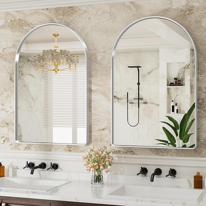 Suidia 24" x 36" Bathroom Mirror, Bathroom Vanity Mirror Metal Framed, Wall-Mounted Mirrors for Bedroom, Living Room, Entryway, Hallway, Silver, Arch Style