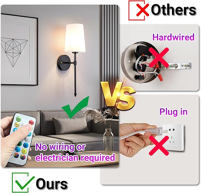 Battery Operated Wall Sconce Light with Remote Control, Dimmable Wall Sconce Set of 2 with White Fabric Shade, Indoor Wireless Battery Operated Wall Lamp Light For Bedroom Living Room, Bulb Included (