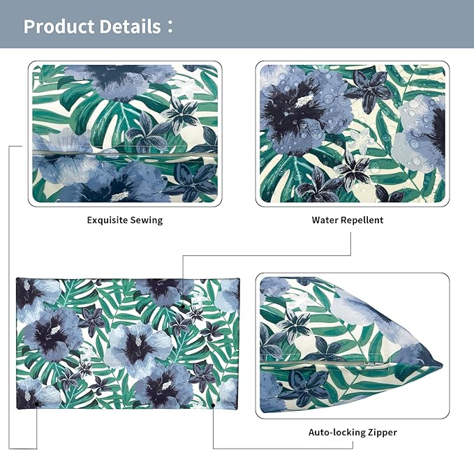 Outdoor Lumbar Pillow Covers 12”x20”, Rectangle Throw Pillow Covers for Patio Furniture, Decorative Lumbar Cushion Case for Garden Balcony Couch Office Chair, Pack of 2,Blue Salmone Tropical