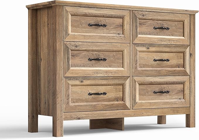 LINSY HOME 6 Drawer Double Dresser for Bedroom, Modern Farmhouse Wide Chest of Drawers, Dressers Organizer for Living Room, Closet, Hallway, Rustic Brown