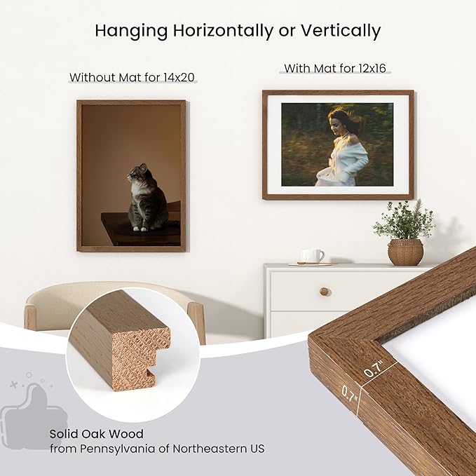 Axeman 14x20 Picture Frame | Solid Oak Wood 14 x 20 Picture Frame With Mat for 12x16 | 14x20 Wood Poster Frame | Tempered Glass and Hanging Hardware Included Home Wall Decor Hanging Frame | Walnut
