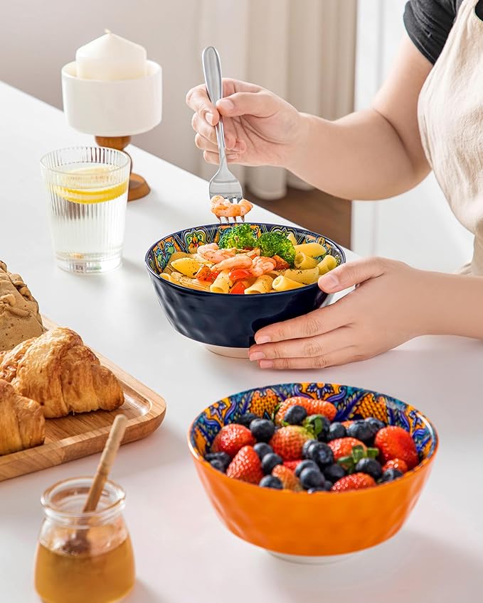 vancasso 26oz Cereal Bowls Set of 6, Boho Ceramic Soup Bowls with Colorful Bohemian Pattern, Microwave & Dishwasher Safe Serving Bowls for Salad, Oatmeal, Pasta, KRVI Series