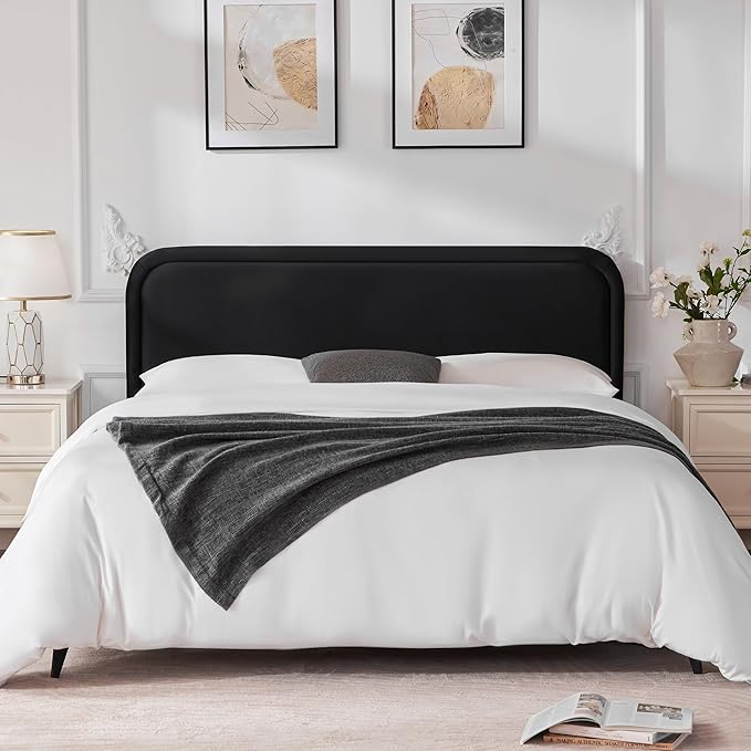 Velvet Fabric Headboard for King Size Bed, Upholstered King Headboard Only, Dorm Headboards from 41” to 49” Height, Sturdy and Durable Solid Wood Bed Head Board, Black