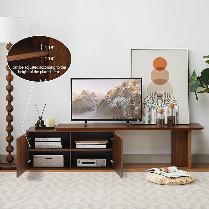 Extendable TV Stand, Wood TV Media Console with 2 Doors Entertainment Center Storage Cabinet Adjustable Shelves for Living Room Bedroom, Walnut
