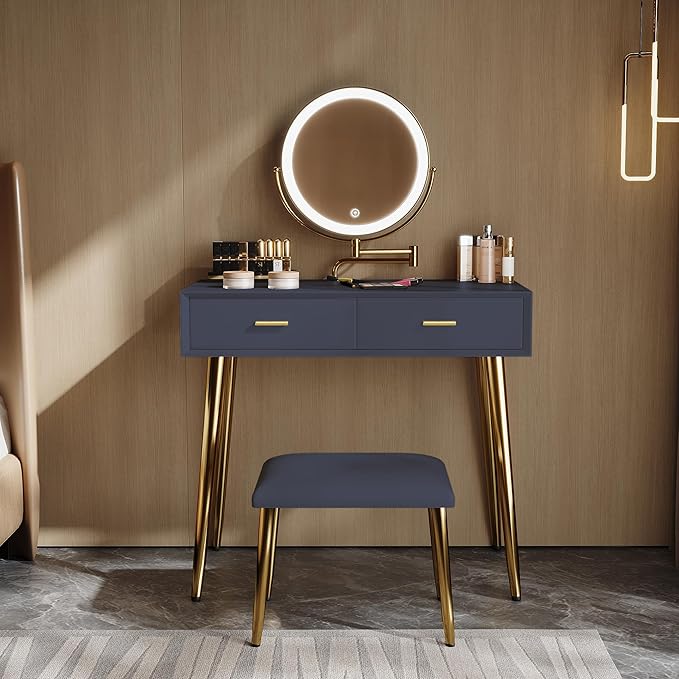 Vanity Desk with Adjustable Mirror and Lights, Makeup Desk with Drawers and Chair, Dressing Table Set with Leather Surface, Small Vanity Table for Bedroom, 3 Lighting Modes (Blue)