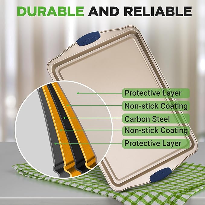 NutriChef 3-Piece Nonstick Bakeware Set - Premium Carbon Steel Oven Baking Trays w/Blue Silicone Handles - Small, Medium & Large Cookie Sheet Pans - PFOS, PFOA, PTFE-Free, Easy to Clean