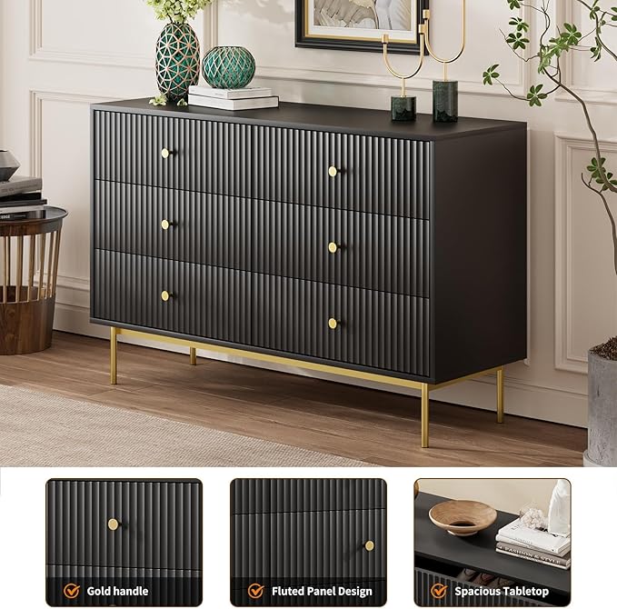 6 Drawer Double Dresser for Bedroom, Black Dresser with Gold Handles, Black 6 Drawer with Fluted Panels for Bedroom