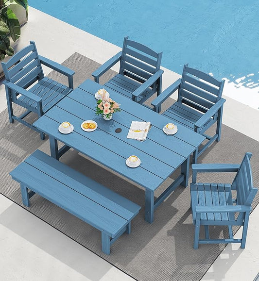 SERWALL Patio Dining Table and Bench Set for 6, Blue