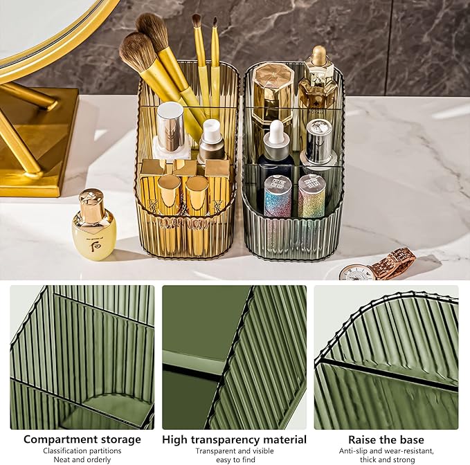 DASITON Large Capacity Makeup Brush Holder,3 Slot Makeup Brush Cup,Vintage striped Make Up Brush Holder,for Vanity Decor,Bathroom Countertops,Desk Storage Container,Cosmetic Display cases(Green-S)