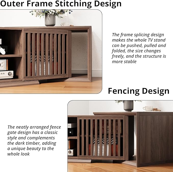 IRONCK TV Stand for TVs up to 75 Inches, Adjustable TV Stands for Living Room, Corner Entertainment Center with Open Storage Shelves, Dark Walnut