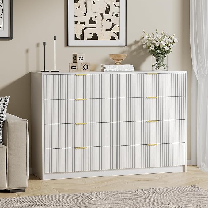 White 8 Drawer Dresser for Bedroom, Modern Dresser with Smooth Slides, Wide Chest of Drawers with Golden Handles for Bedroom, Living Room, Closet, 15.7" D x 55" W x 37.4" H
