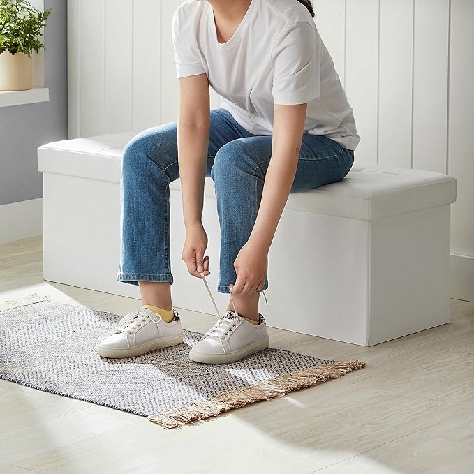 SONGMICS MAZIE Collection - 43 Inches Storage Ottoman Bench with Flipping Lid, Storage Chest with Iron Frame Support, Load 660 lb, for Living Room, Bedroom, Synthetic Leather, White ULSF75WT