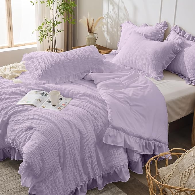 JOLLYVOGUE Lavender King Comforter Set, 3 Pieces Seersucker Comforters King Size, Lightweight & Fluffy Bedding Sets King for All Season with 1 Ruffle Comforter and 2 Ruffle Pillowshams