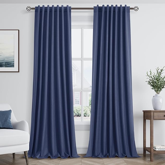 Guken Blackout Curtains 100 Inch Length 2 Panels Set for Living Room Bedroom Back Tab Thermal Insulated 100% Black Out Linen Drapes Room Darkening Window Curtains 100 Inches Long,Classic Blue
