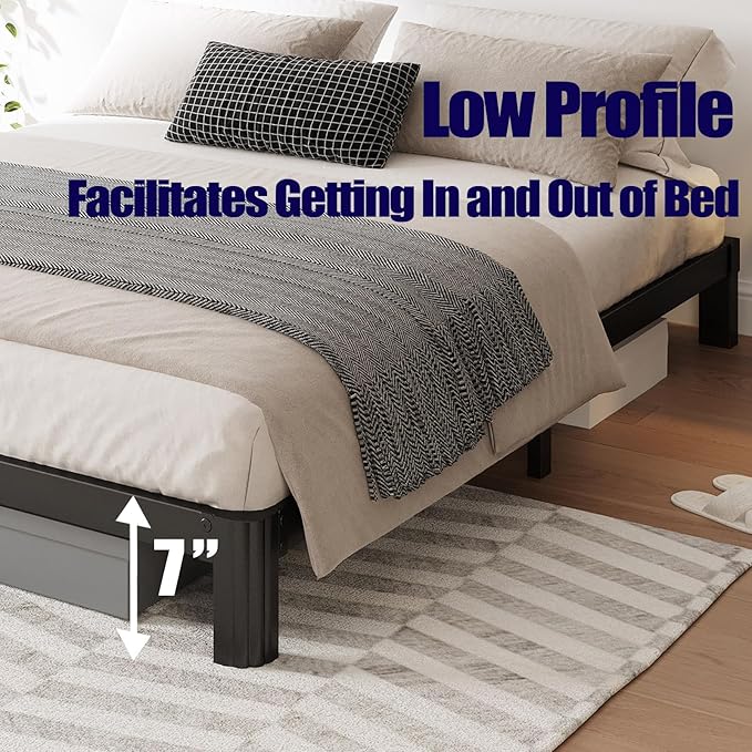 7in High Full Size Bed Frame No Box Spring Needed, Heavy Duty Metal Platform Bed Frame Full with Round Corners, Easy Assembly, Noise Free, Black