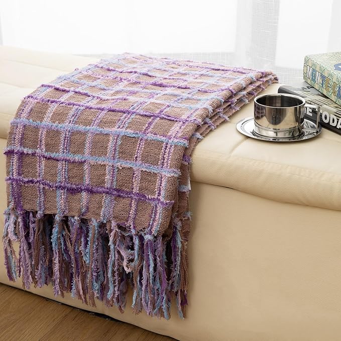 Gealaek Boho Throw Blanket Lightweight Fuzzy Soft Cozy Decorative Blankets for Sofa Bed Farmhouse Throw Blanket Mexcican Blanket with Tassel Khaki Purple Pink Textured 50" x 60"