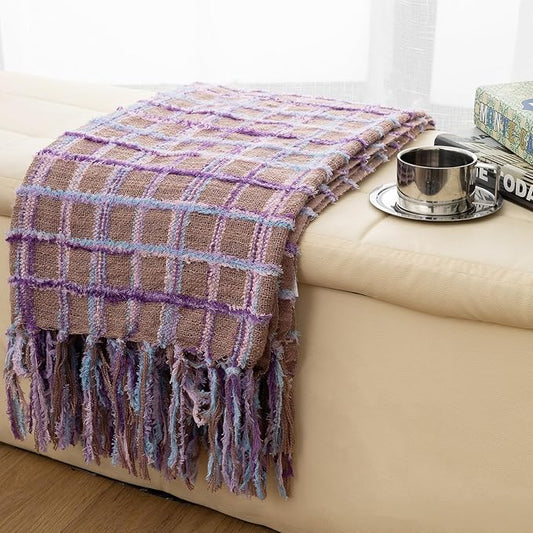 Gealaek Boho Throw Blanket Lightweight Fuzzy Soft Cozy Decorative Blankets for Sofa Bed Farmhouse Throw Blanket Mexcican Blanket with Tassel Khaki Purple Pink Textured 50" x 60"