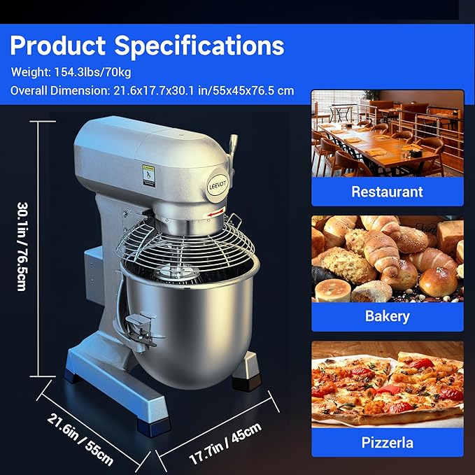 30Qt Commercial Food Mixer with Timing Function,1250W Commercial mixer 3-Speed Adjustable Heavy Duty, Electric Stand Food Mixer with Stainless Steel Bowl for Bakery Pizzeria. (Standard)