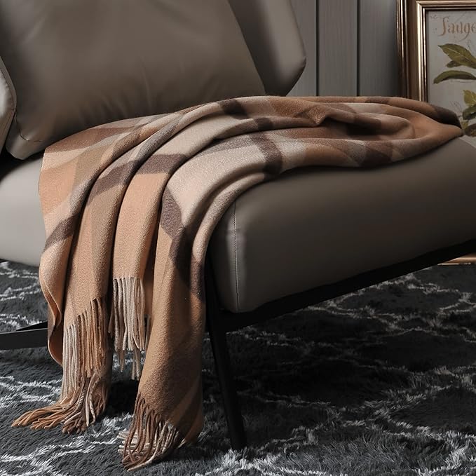 EP Mode 100% Pure Cashmere Throw Blanket for Sofa, Classic Design with Gift Box (Camel Tartan)