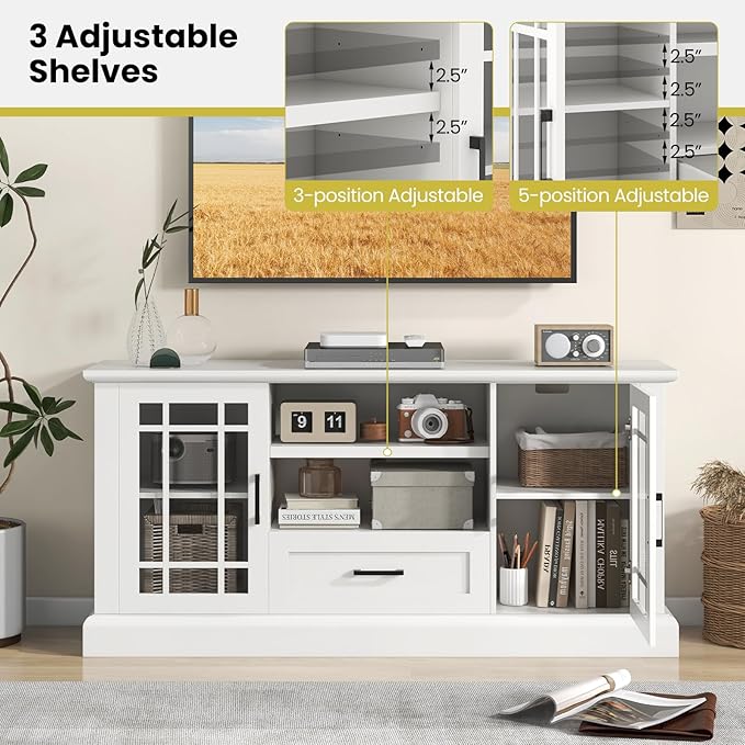 Tangkula Farmhouse TV Stand for TV up to 70 Inch, Tall Media Console Table with 2 Glass Doors, Entertainment Center with Cubbies & Drawer, Storage Cabinet or Sideboard Buffet for Living Room (White)