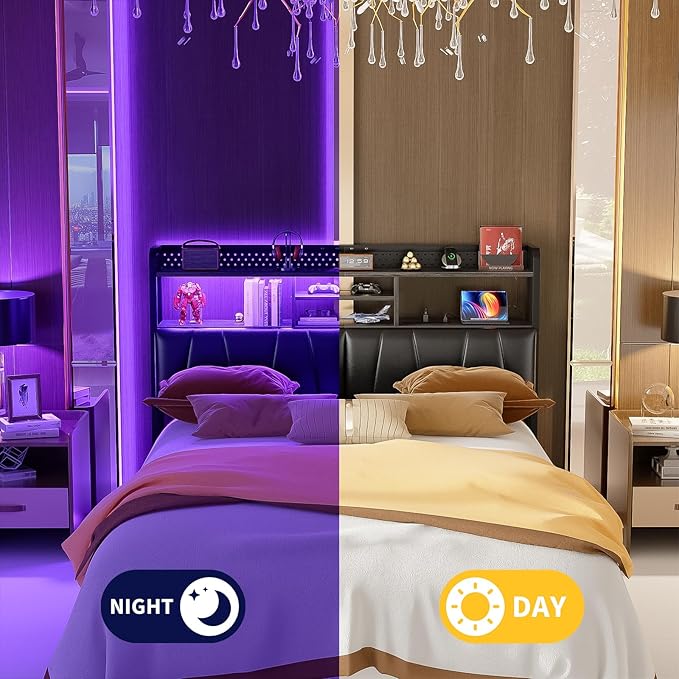 Unikito Headboard for Queen Size Bed Frame, Upholstered Head Board with Outlets, USB Ports and LED Light, Comfortable Leather Headboards with Storage Shelf, Sturdy Queen Bed Headboard Only, Black Oak