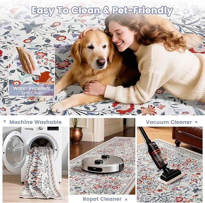 Area Rug Washable Rug Runner, 2X6 Hallway Runner Rugs for Bedroom Floral Boho Carpet Ultra-Thin Soft Kitchen Mats for Floor, Non-Slip Stain Rugs for Living Room, Entryway, Kitchen, Hallways, Beige