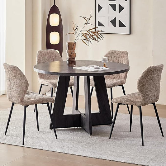47" Round Dining Room Table Set for 4, [Fanned Base] [1.38" Thick Top] Wood Kitchen Table with 4 Boucle Dining Chairs
