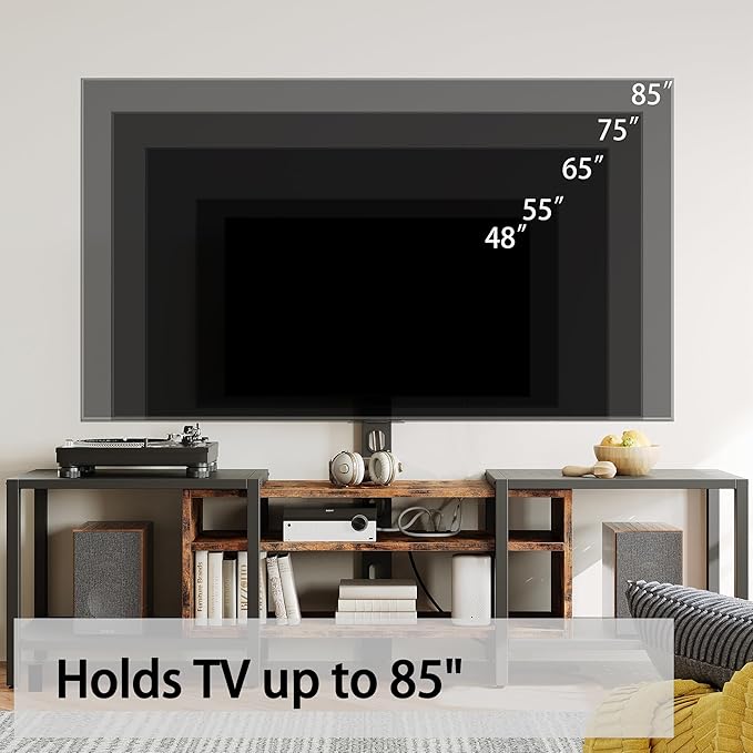 IRONCK 79 Inch TV Stand for TVs up to 85 Inch with Mount and Power Outlet, 3 Tiers TV Console with Storage Shelves, Entertainment Center, Steel Frame, for Living Room, Bedroom, Vintage Brown