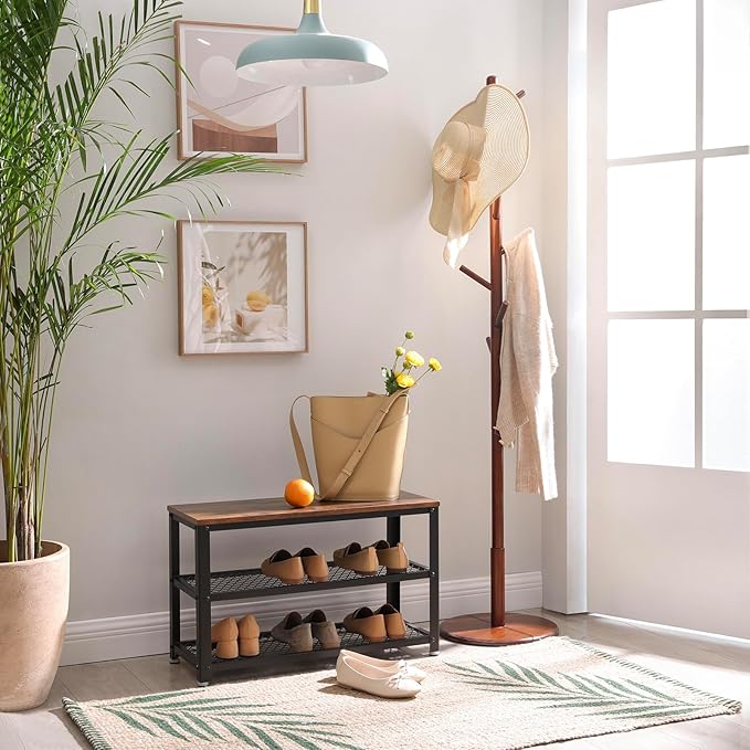 VASAGLE Solid Wood Coat Rack, Free Standing Hall Coat Tree with 8 Hooks, 3 Height Options, for Coats, Hats, Bags, Purses, for Entryway, Hallway, Rubberwood Hooks and Pole, Dark Walnut URCR009W01