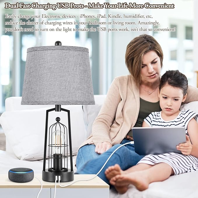 Farmhouse Table Lamps with 2 USB Ports, Set of 2 Rustic Industrial Desk Lamp for Living Room, 2-Light Black Bedside Lamp, Bedroom Nightstand Lamp with Gray Lampshade for House Decor, Reading