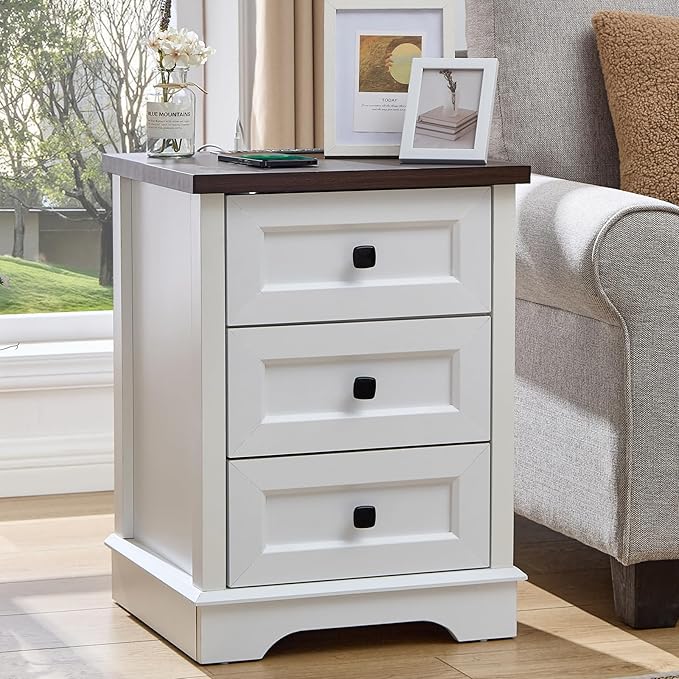 SOOWERY Dresser for Bedroom, Farmhouse Dresser with 3 Wooden Drawers and Storage Cabinet, 25 Inches Tall Side Table Chest of Drawers for Bedroom, Living Room, Hallway, White