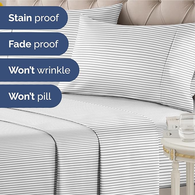 Striped Sheets - Black & White Striped Sheets - 1 Flat & 1 Fitted & 1 Pillowcase w/ Deep Pockets – Wrinkle & Fade Free - Soft, Breathable & Cooling – Luxury Pinstripe Bedding - Twin XL Size Bed Set