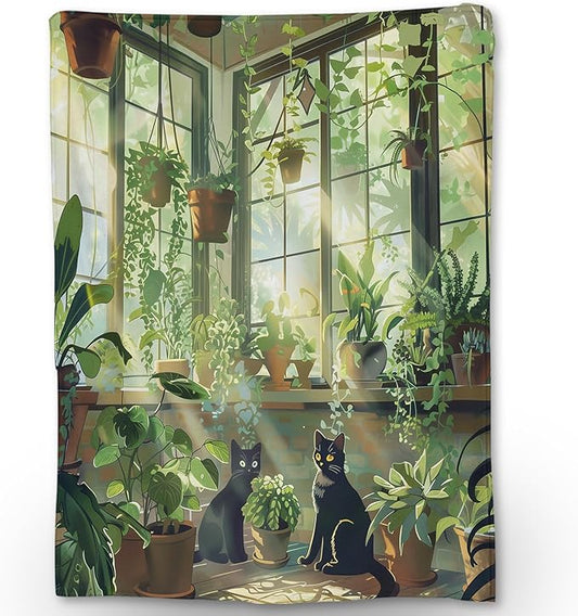 Sunlight Garden Cats Blanket - Ultra Soft, Fluffy, Lightweight Flannel Throw Blankets for Couch, Bed, Travel, Outdoor - Cozy, Fuzzy Home Decor - Lush Plant and Black Cat Design 80×60 in
