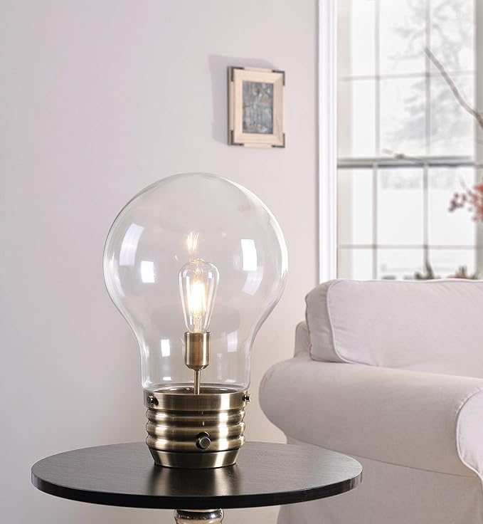 Kenroy Home 32462AB Edison Table Lamp with Antique Brass Finish, Rustic Style, 18" Height, 11.438" Width, 11.438" Depth