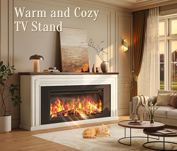 PRAISUN 70'' Fireplace TV Stand with 42'' Electric Fireplace, Farmhouse TV Stand for 65 75 Inch TV, Entertainment Center TV Console with 3 Drawers, Fluted Design, for Living Room, Distressed White