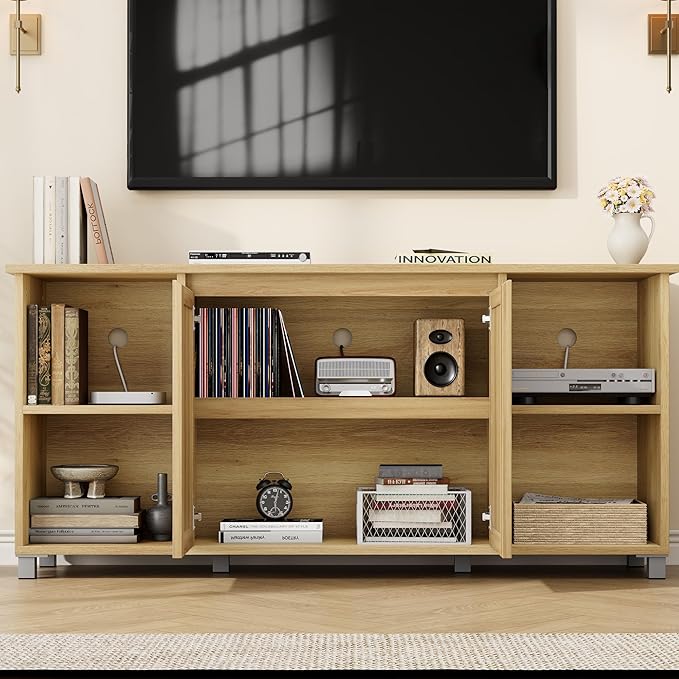 GarveeHome 70" Mid-Century Modern TV Stand - Rattan Door Entertainment Center with 2 Storage Cabinets & 3 Open Shelves, Media Console for Living Room (Natural)