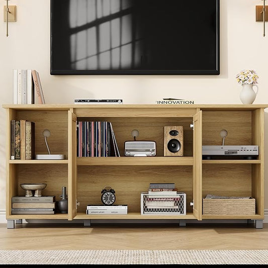 GarveeHome 70" Mid-Century Modern TV Stand - Rattan Door Entertainment Center with 2 Storage Cabinets & 3 Open Shelves, Media Console for Living Room (Natural)