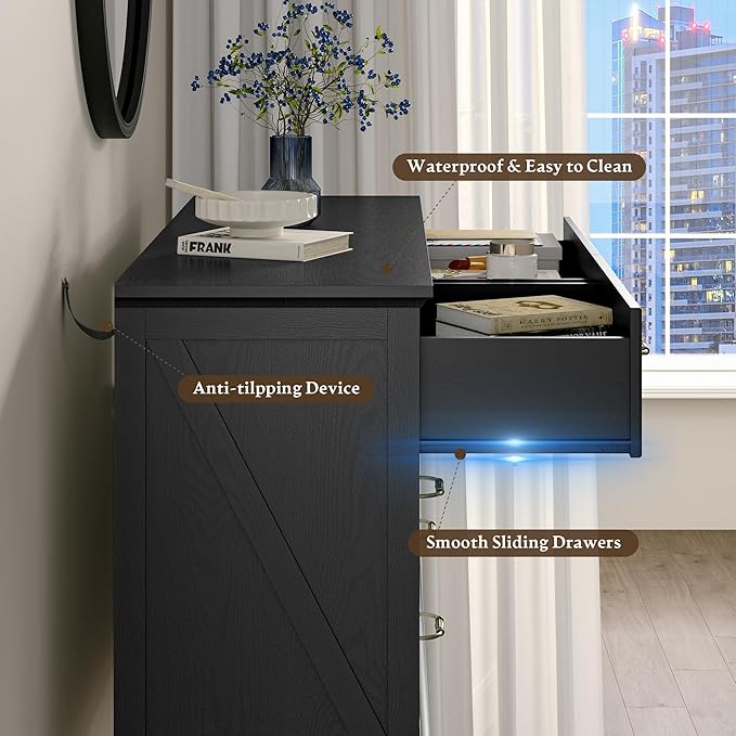 Farmhouse 8 Drawers Dresser for Bedroom, 48" Wide Modern Chest of Drawers with Deep Drawers & Bar Handles, Rustic Wood Dresser TV Stand, Wooden Closet Storage Organizer for Living Room, Hallway, Black