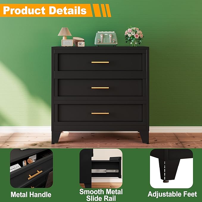 Metal Dresser for Bedroom 3 Drawers Dresser Metal Storage Dressers Organizer,34.25" H Black Drawer Chest, Closet Organizers for Living Room, Hallway, Closet
