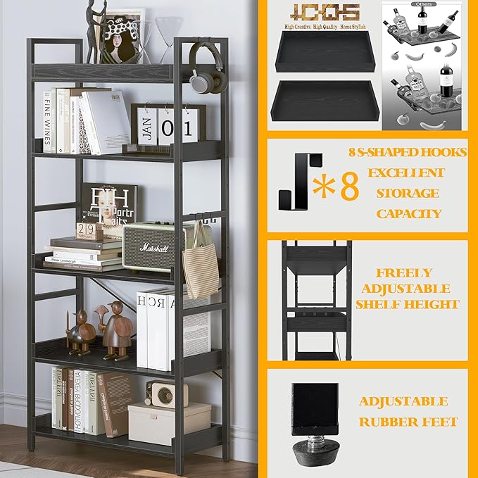 HCHQHS 5 Tier Bookshelf, Adjustable Industrial Bookcase, Vertical Tall Book Shelf, Wood and Black Metal Open Bookshelves for Home Office, Living Room, Bedroom