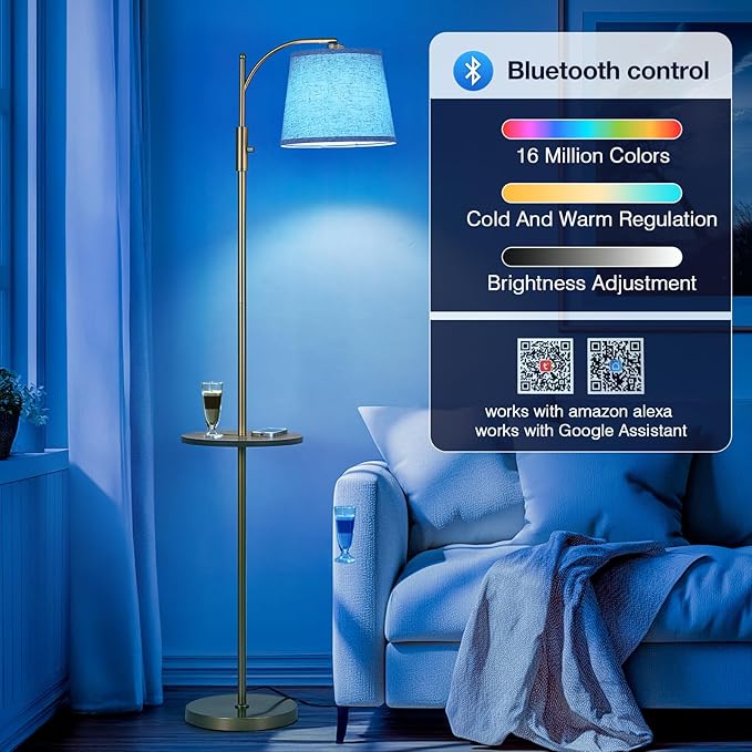 AIDENOEY Smart Floor Lamp with Side Table | Stepless Dimming, RGB Multi-Color | Adjustable Swivel Head | Voice Control with Alexa & Google Assistant |Golden Lamp for Living Room,Bedroom,Home Office